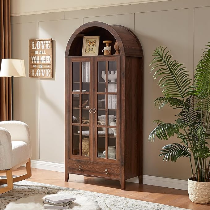 71" Tall Arched Cabinet, Modern Farmhouse Wooden Display Cabinet with Drawer and Glass Doors, 6 Tier Bookshelf w/Adjustable Shelves for Living Room, Office, Walnut