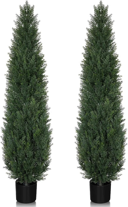 Artificial Cedar Topiary Trees, 5FT UV Resistant Topiary Trees Artificial Outdoors, Realistic Pre-Potted Faux Cypress Plants for Outdoor Porch, Home Entryway, and Garden Decor, Set of 2