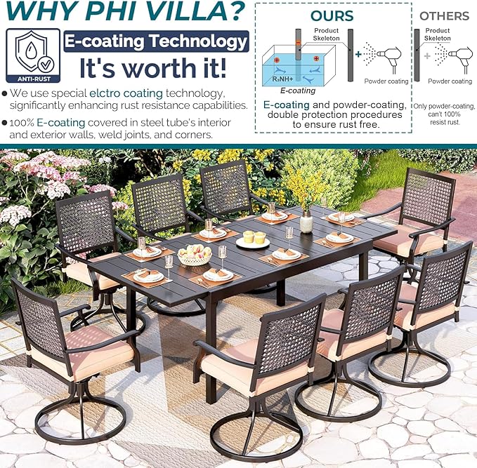 PHI VILLA Outdoor Dining Table and Chairs Set for 8, 9 Pieces Patio Metal Expandable Rectangular Table and Black Swivel Chairs with Cushions, Dining Furniture Set for Backyard, Porch
