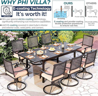 PHI VILLA Outdoor Dining Table and Chairs Set for 8, 9 Pieces Patio Metal Expandable Rectangular Table and Black Swivel Chairs with Cushions, Dining Furniture Set for Backyard, Porch