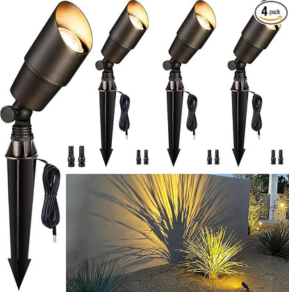 Gardenreet Brass Landscape Lighting - Outdoor Low Voltage Spotlights LED, 12V Wired Uplights, Waterproof Spot Lights Antique Bronze for Outside Trees Without MR16 Bulb (4 Pack)