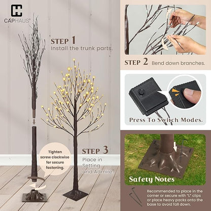 CAPHAUS 4FT Lighted Willow Tree with 72 Warm White LED Lights, Artificial Twinkling Twig Tree for Christmas Decorations Indoor, Holiday & Winter Home Decor