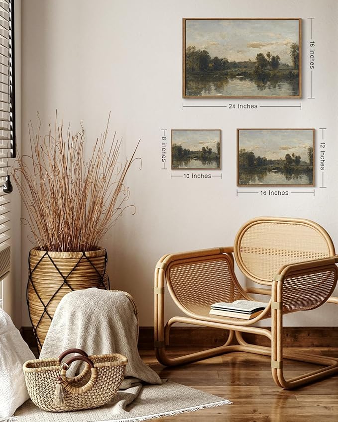 ZZLWBKGL Vintage Landscape Framed Wall Art Natural River Canvas Wall Art Rustic Farmhouse Pictures Wall Decor Country Scenery Art Prints for Living Room Study Bedroom