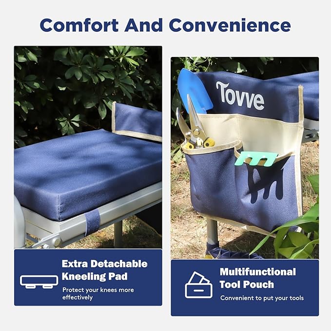 Foldable Garden Kneeler and Seat, Heavy Duty Garden Stool with 10" Wide Detachable Kneeling Pad, Portable Garden Bench Chair with Large Garden Tool Bag, Gardening Gifts for Women, Seniors, Mom
