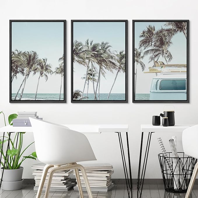 Ashbrook Framed Canvas Print Wall Art Set Retro Road Trip Palm Tree Beach Vacation Nature Wilderness Photography Realism Decorative Nautical Calm/Relax/Cozy for Bedroom - 16"x24"x3 BLACK
