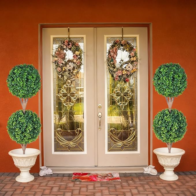 35'' Artificial Double Ball Boxwood Topiary Trees Set of 2, 3ft Faux Topiaries for Indoor and Outdoor Home, Porch, or Garden Decor