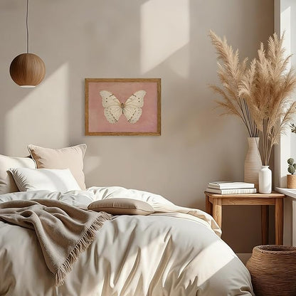Wojuin Framed Pink Vintage Butterfly Canvas Wall Art, Neutral Moody Insect Farmhouse Wall Decor, Antique White Moth Aesthetic Poster Print for Living Room Bedroom Bathroom Dorm Office 12x16 in