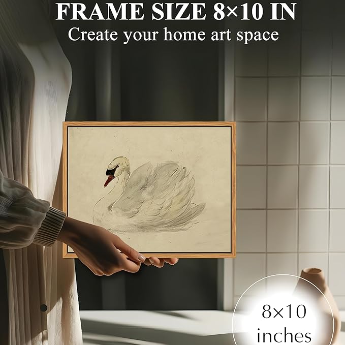 Floating Framed Vintage Wall Art Decor, Classical Swan Canvas Wall Prints, Rustic Sketch Watercolor Swan Poster Picture for Living Room Kitchen Bedroom Bathroom Farmhouse Decor 8x10 inch