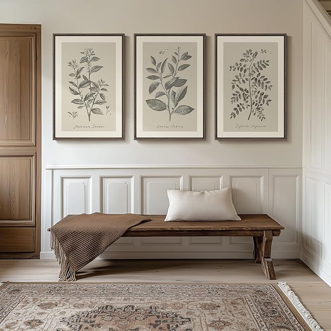 Large Framed Vintage Botanical Wall Art for Living Room, 3 Piece Rustic Farmhouse Plant Canvas Painting Prints Artwork, Neutral Natural Floral Pictures for Bedroom Kitchen Hallway Wall Decor, 24x36