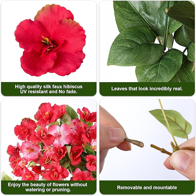 Fake Hibiscus Artificial Hanging Flowers Plants for Outdoors Spring Decoration, 2pcs Silk Hibiscus Vines Realistic UV Resistant Faux Flowers for Outside Planter Porch Patio Yard Wedding Party, Mix