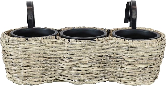 Sunnydaze Indoor/Outdoor Round Polyrattan Over-The-Rail Tri-Planter with 3 Black Liners - Frost