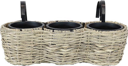 Sunnydaze Indoor/Outdoor Round Polyrattan Over-The-Rail Tri-Planter with 3 Black Liners - Frost