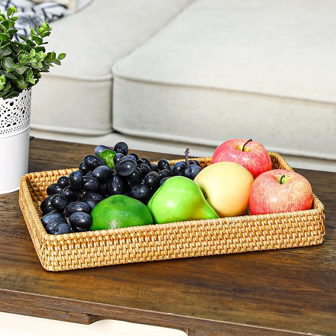 Wicker Storage Basket Rattan Tray Rectangular Wicker Basket Decorative Serving Tray Fruit Baskets Food Serving Holders Woven Baskets for Storage Home Kitchen Restaurant Decor (14.6 x 9 x 2 inches)