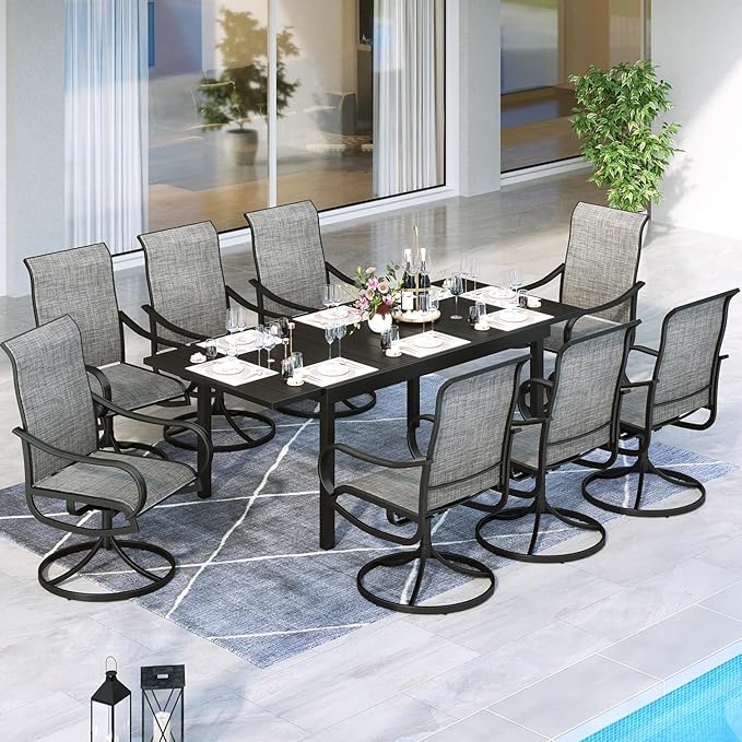 MFSTUDIO Patio Dining Set for 8, Outdoor Dining Set with Expandable Table and Swivel Chairs, 9 Piece Patio Table and Chairs Set for Deck/Backyard/Poolside/Garden