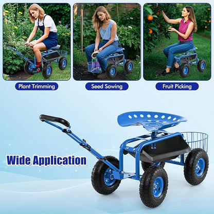 Goplus Rolling Garden Cart with Seat, Outdoor Garden Stool with Wheels, Tool Tray & Basket, Adjustable Steering Handle, 360 Degree Swivel Seat for Planting, Gardening Scooter for Lawn, Yard, Patio