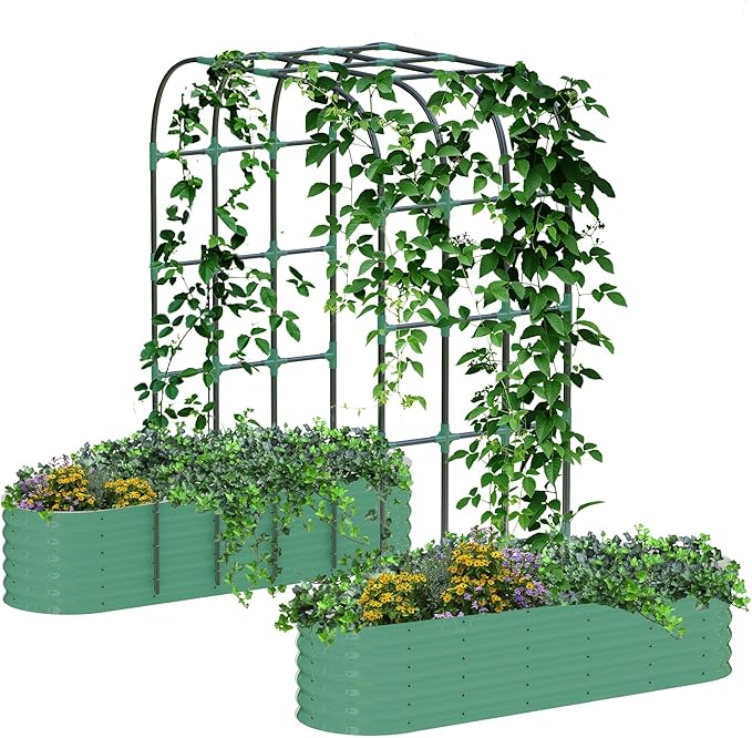 CABIHOME Raised Garden Bed with 96-Inch TrellisGalvanized Steel, Vertical Planter Box for Outdoor Vines, Flowers & Herbs, Expandable, Rust-Proof, Includes Plant Clips & Drainage Netting, Green
