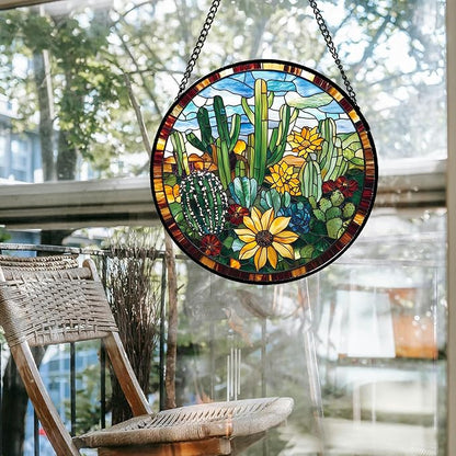 Stained Glass Window Hanging Green Cactus with Yellow Flowers 9.8" - Suncatcher Door Garden Sun Catcher Home Decor Birthday Christmas for Mom Men Woman Friend Nana