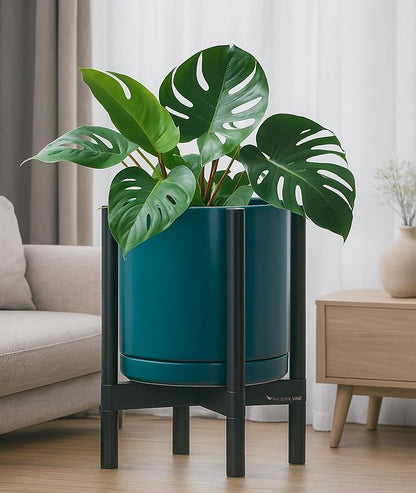 D'vine Dev Ceramic Planter with Ebony Stand - 12 Inch Modern Round Flower Pot with Wood Planter Holder, Teal, 55-B-H-4