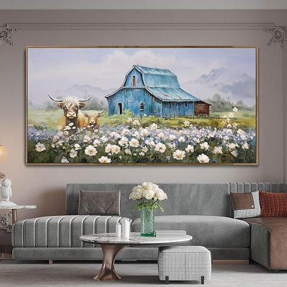 Anolyfi Highland Cow Farmhouse Wall Dceor for Living Room, Barn Picture Wall Decor for Bedroom Dining Room Office Hallway Home Decor, Framed 58"x29"