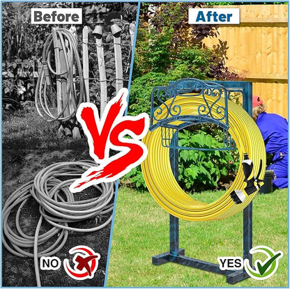 Garden Hose Holder for Outside - Upgraded Water Hose Holder Holds with Storage Basket, Heavy Duty Metal Freestanding Garden Hose Storage Reel Rack for Outdoor Yard Lawn (Blue)