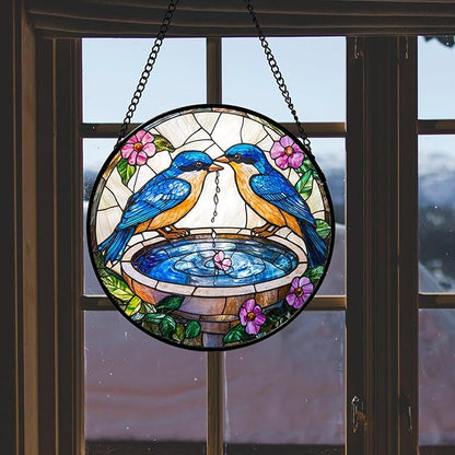 Stained Glass Window Hanging, 2 Blue Birds Suncatcher Diamond Glass Panel Hangings Bird Lover Sun Catchers Decor for Birthday for Women, Men, Wife, Aunt, and Mom 14.9 in