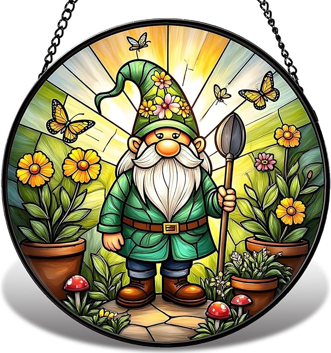 Stained Glass Window Hanging, Gnome in Garden Sun Catcher for Indoor Window Decoration with Flowers & Butterflies, Stained Glass Home Decor Gift for Women and Men G01 (6.3'')