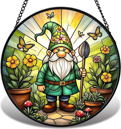 Stained Glass Window Hanging, Gnome in Garden Sun Catcher for Indoor Window Decoration with Flowers & Butterflies, Stained Glass Home Decor Gift for Women and Men G01 (6.3'')