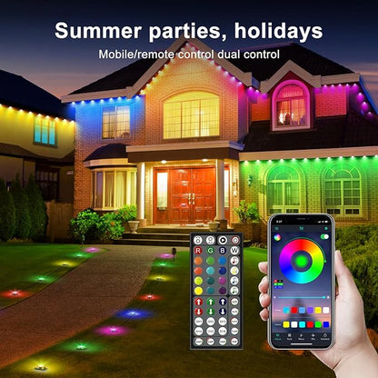 RGB Outdoor Ground Lights, 100Ft Color Changing Pathway Lights with Remote & App Control, Waterproof Walkway Lighting, Wired for Garden Yard Lawn Patio Best for Holiday Party