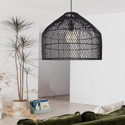 Arturesthome Black Rattan Pendant Lights Lampshade, Wicker Boho Chandelier for Kitchen Island Dining Room Entryway Foyer W 16.5"* H13