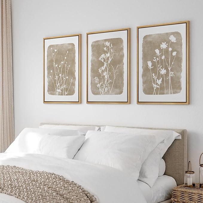 Ashbrook Framed Canvas Print Wall Art Set Vintage Country Farmhouse Flower Silhouette Nature Wilderness Illustrations Floral Botanical Minimal Calm/Relax/Cozy for Bedroom - 24"x36"x3 NATURAL