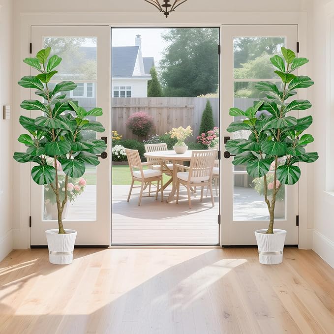 5ft Artificial Fiddle Leaf Fig Tree, Faux Ficus Lyrata Fake Tree with Black Planter Fake Fig Tree for Indoor Outdoor Home Office Decoration