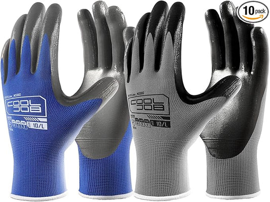COOLJOB 10 Pairs Nitrile Dipped Safety Work Gloves with Grip, Non-slip Rubber Coated Bulk Garden Gloves for Men, Heavy-duty Oil Resistant for Truck Driver, Warehouse Box Handler, Large, Gray Blue