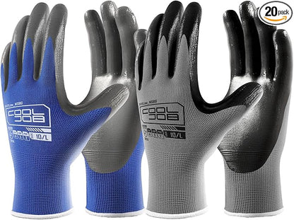 COOLJOB 20 Pairs Nitrile Dipped Safety Work Gloves with Grip, Non-slip Rubber Coated Bulk Garden Gloves for Men, Heavy-duty Oil Resistant for Truck Driver, Warehouse Box Handler, Large, Gray Blue
