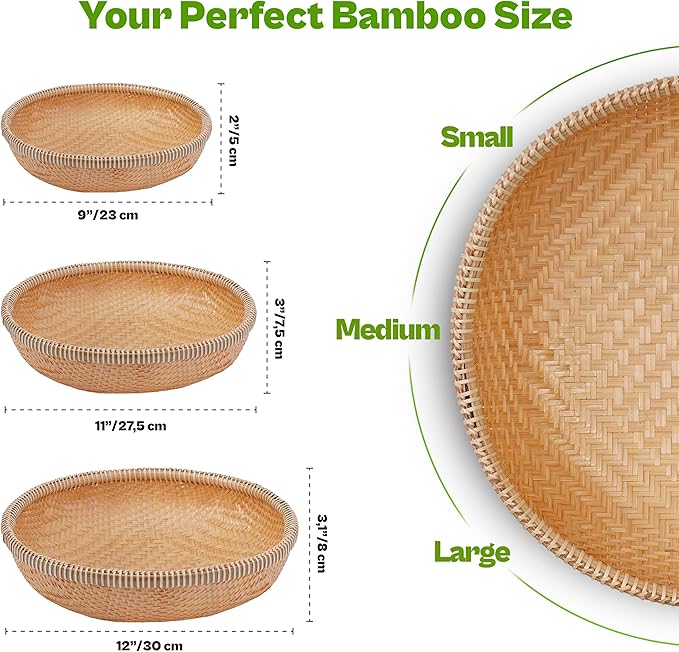 Set of 3 Handwoven Bamboo & Rattan Baskets – Woven Bread Basket & Fruit Bowl for Kitchen Counter, Decorative Wicker Tray for Serving Snacks, Pastries & Table Centerpiece