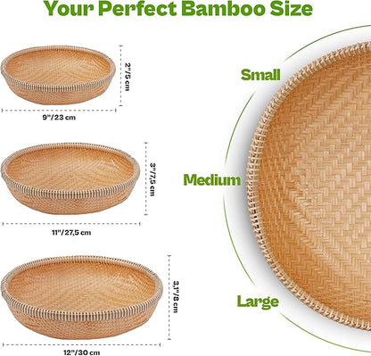 Set of 3 Handwoven Bamboo & Rattan Baskets – Woven Bread Basket & Fruit Bowl for Kitchen Counter, Decorative Wicker Tray for Serving Snacks, Pastries & Table Centerpiece