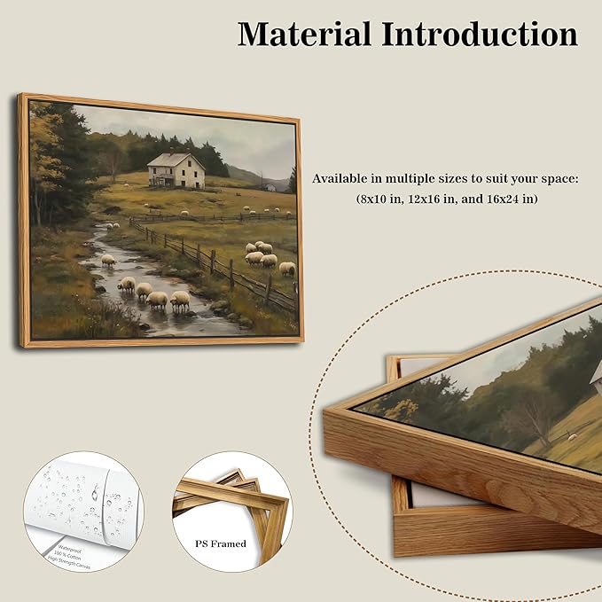 SAMHOU Floating Framed Canvas Wall Art, Vintage French Country Farmhouse Landscape Wall Decor, Rustic Meadow Flock of Sheep Poster Prints Picture for Living Room Bedroom Home Decor 16x24 inch