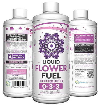 Liquid Flower Fuel 0-3-3 - Bloom Booster Fertilizer for Fruiting and Flowering Plants - Better Yield and Larger Flowers - Concentrated Potassium and Phosphorus - Quart (32oz)