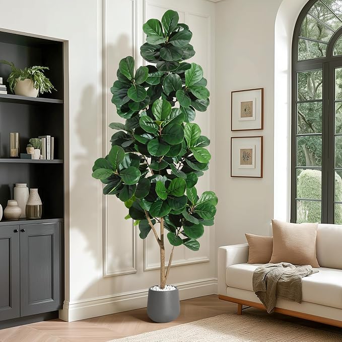 7 ft Fiddle Leaf Fig Tree Artificial with 141 Leaves - Realistic Faux Ficus Lyrata Trees in 9 in Grey Planter Pot, Indoor Fake Floor Plants for Home Office Living Room Decor, Housewarming Gift