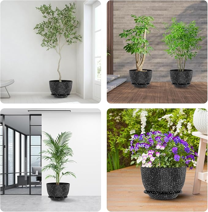 10 inch Large Plant Pots, Flower Pots with Multi-Mesh Drainage Holes and Saucer, Plastic Planters for Indoor and Outdoor Garden Plants (Speckled Black, 10")