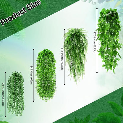 12 Pcs Artificial Hanging Plants Fake Hanging Ferns Plastic Faux Plants for Wall Room Garden Garland Indoor Outdoor Decor No Basket (Boston,Eucalyptus,Ivy Vine,String of Pearls)