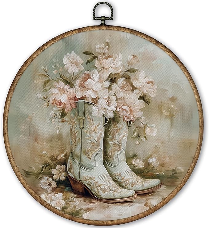 TLESKE Western Cowgirl Floral Round Wall Art Decor Framed 10x10, Preppy Cowgirl Boot Canvas Wall Art Prints Artwork, Flower Cowboy Hanging Wall Picture Room Door Decor for Bedroom Living Room