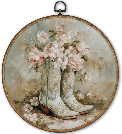 TLESKE Western Cowgirl Floral Round Wall Art Decor Framed 10x10, Preppy Cowgirl Boot Canvas Wall Art Prints Artwork, Flower Cowboy Hanging Wall Picture Room Door Decor for Bedroom Living Room