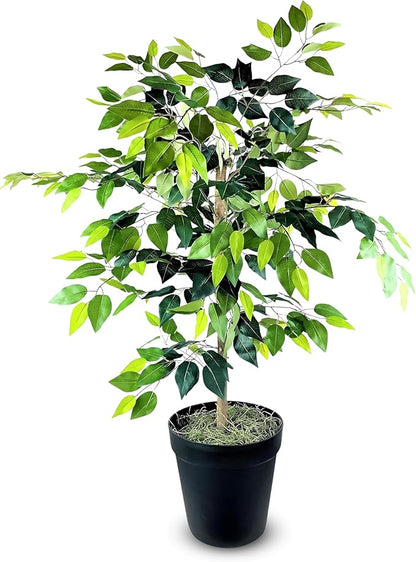 4ft Ficus Tree in Black Pot with Real-Wood Trunk - Indoor and Outdoor Faux Plants for Patio, Living Rooms, Offices & Outdoor Spaces