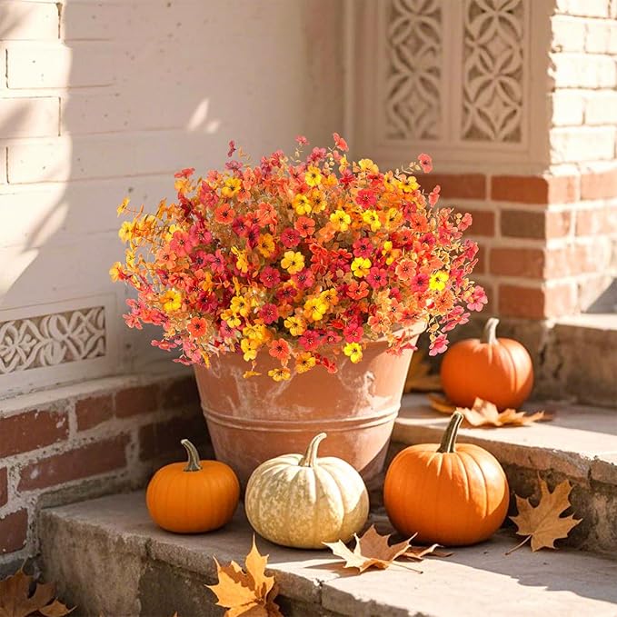 12 Bundles Fake Mums Fall Flowers Artificial for Outdoors Decoration Artificial Mums Faux Plants Daisy for Outdoor Outside Planters UV Resistant Violets for Fall Decor Home Porch Door Front Patio Yard