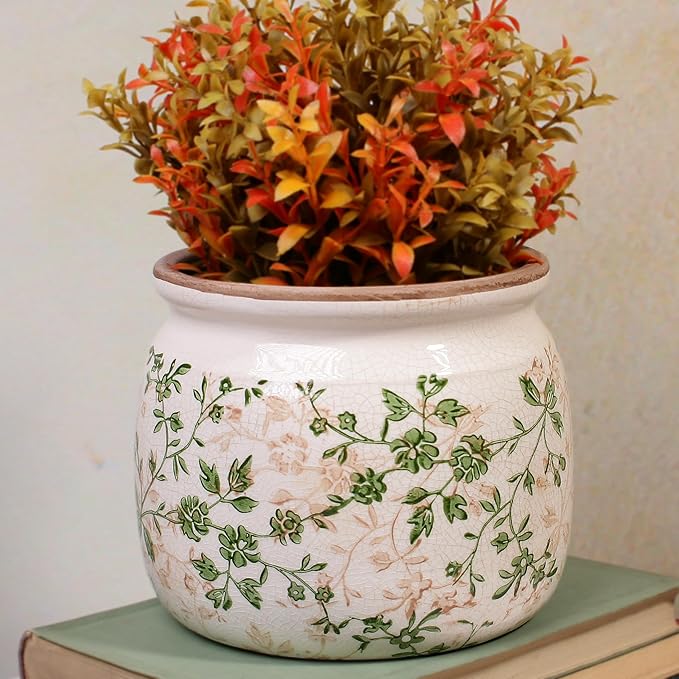Vintage Ceramic 6.29in Plant Pots, Decorative Vase for Indoor Garden, Room & Home Decor, Sage Beige