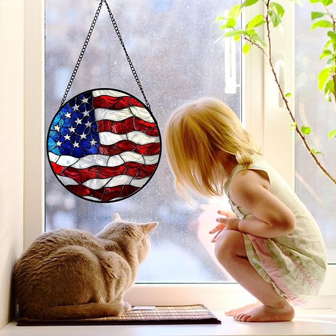 Stained Glass Window Hanging, Blue, White Red National Flag Pattern Sun Catchers Diamond Glass Panel Window Hangings Decor for Birthday Gifts for Women, Men, and Mom 9.8x9.8 in