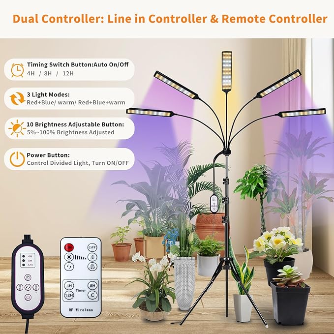 Grow Lights for Indoor Plants Full Spectrum, 5 Heads LED Plant Light with Auto On/Off Timer, 10-Level Dimming & Adjustable Stand for Houseplants, Home Gardeners