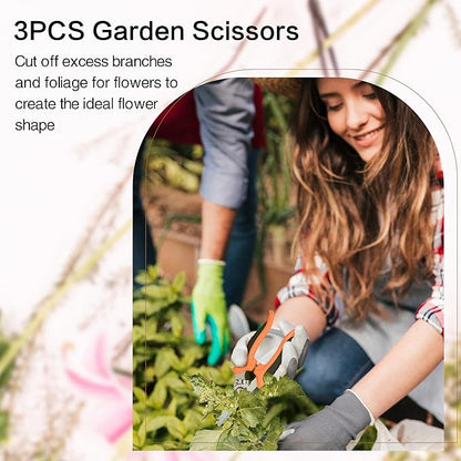 Pruning Shears Gardening Scissors Tools: 3pcs Outdoors&Indoor Garden Clippers, Rose Snips, Plant Clippers, Wood Pruner, Gardener Work Accessories for Flower Arrangement, Yard Landscaping (Orange)
