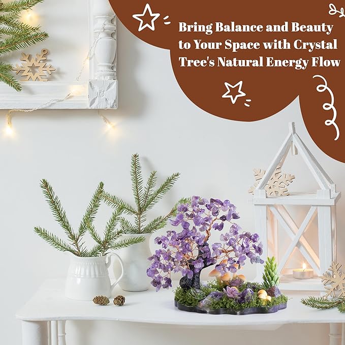 Crystal Tree of Life, Amethyst Healing Crystal Trees for Office, Home Decor, Livingroom and Wall Decor, Handmade Bonsai Trees for Positive Energy, Good Luck Birthday Gifts for Women, Mom