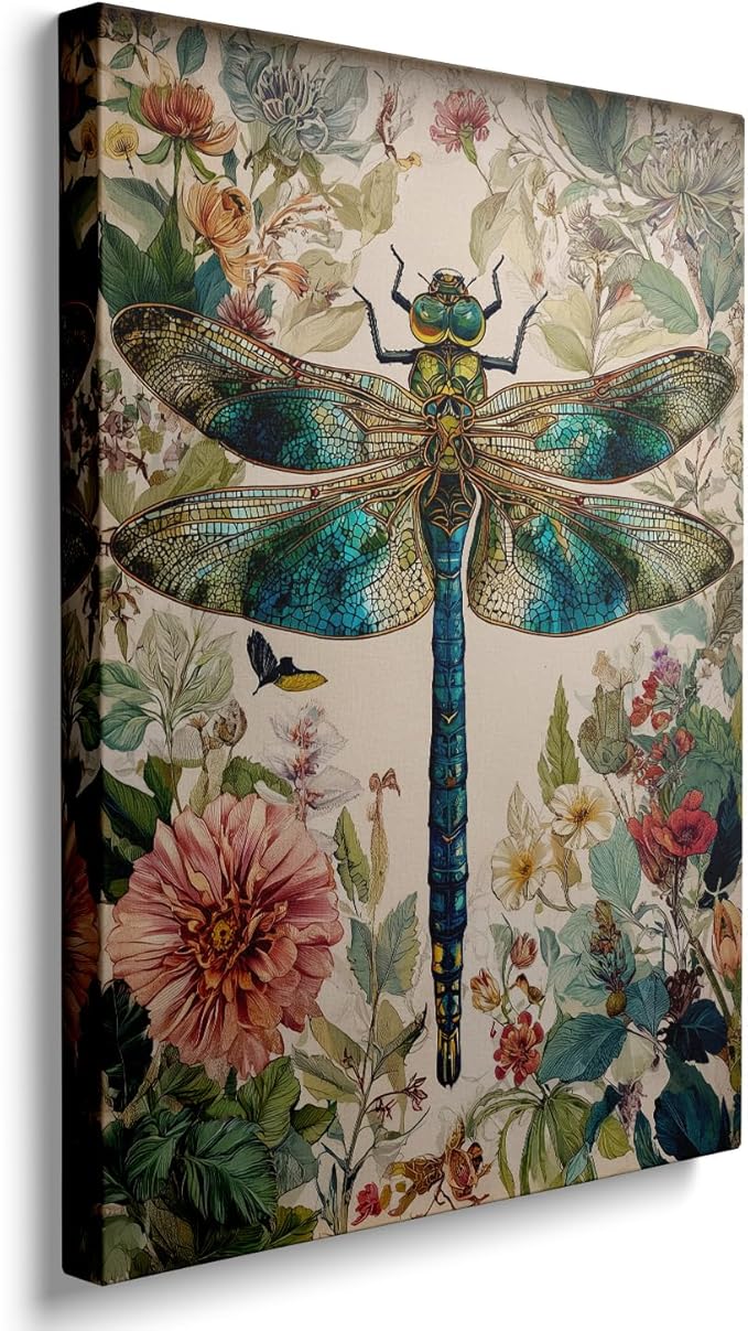 GDSRGXC Vintage Botanical Dragonfly Canvas Wall Art, Turquoise and Gold Insect Print with Floral Background, Nature Home Decor (12''x16'')
